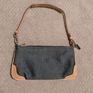 Coach denim clutch with leather strap and trim